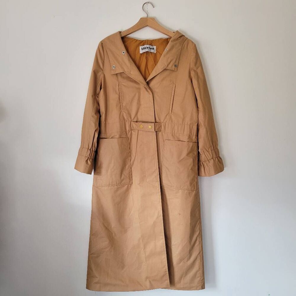 Vintage Blizzand Made in France Hooded Trench Coat Camel Tan Long Cotton Blend 7